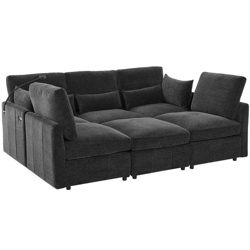Modern Modular Sofa 85.4' U-shaped Sofa Bed with Movable Ottoman, USB Ports, Phone Holder, Black Chenille Default -DTYStore