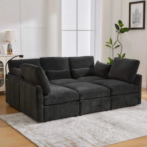 Modern Modular Sofa 85.4' U-shaped Sofa Bed with Movable Ottoman, USB Ports, Phone Holder, Black Chenille Default -DTYStore