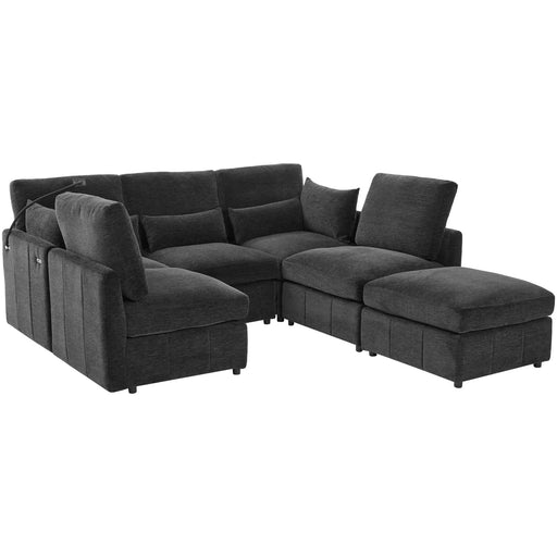 Modern Modular Sofa 85.4' U-shaped Sofa Bed with Movable Ottoman, USB Ports, Phone Holder, Black Chenille Default -DTYStore