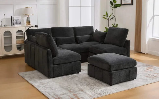 Modern Modular Sofa 85.4' U-shaped Sofa Bed with Movable Ottoman, USB Ports, Phone Holder, Black Chenille Default -DTYStore