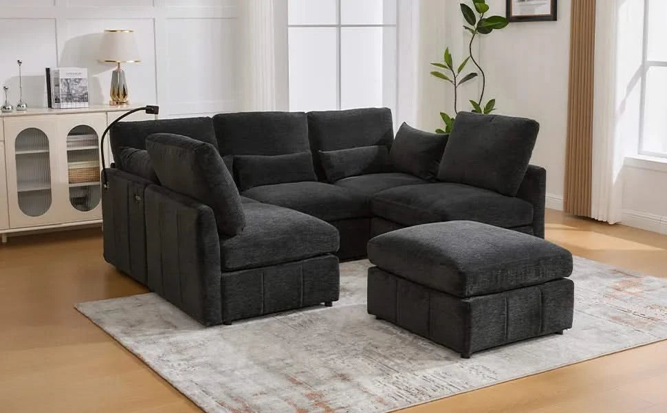 Modern Modular Sofa 85.4' U-shaped Sofa Bed with Movable Ottoman, USB Ports, Phone Holder, Black Chenille Default -DTYStore