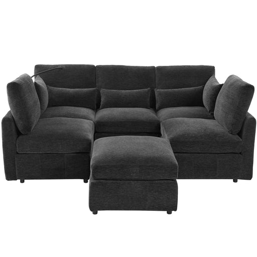 Modern Modular Sofa 85.4' U-shaped Sofa Bed with Movable Ottoman, USB Ports, Phone Holder, Black Chenille Default -DTYStore