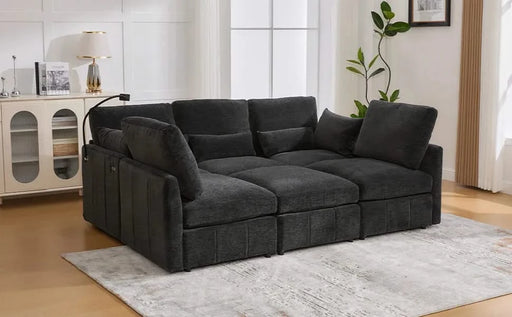 Modern Modular Sofa 85.4' U-shaped Sofa Bed with Movable Ottoman, USB Ports, Phone Holder, Black Chenille Default -DTYStore