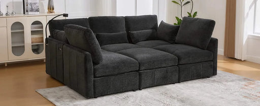 Modern Modular Sofa 85.4' U-shaped Sofa Bed with Movable Ottoman, USB Ports, Phone Holder, Black Chenille Default -DTYStore