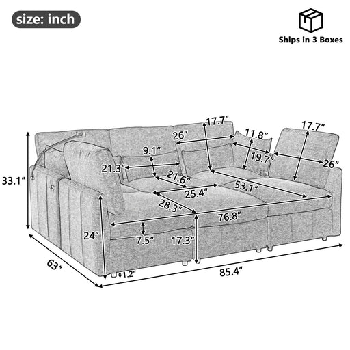 Modern Modular Sofa 85.4' U-shaped Sofa Bed with Movable Ottoman, USB Ports, Phone Holder, Black Chenille Default -DTYStore