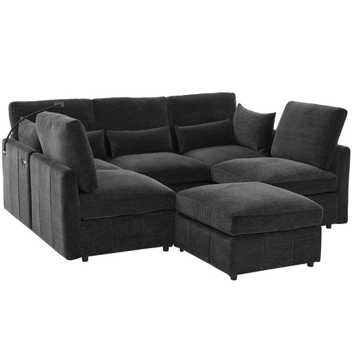 Modern Modular Sofa 85.4' U-shaped Sofa Bed with Movable Ottoman, USB Ports, Phone Holder, Black Chenille Default -DTYStore