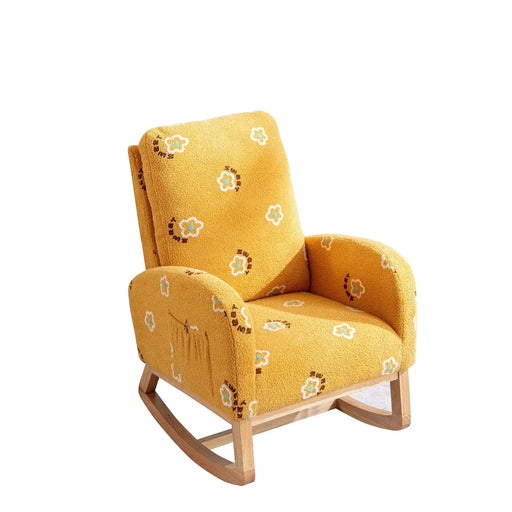 Modern Nursery Rocking Chair Mid Century Accent with Side Pocket Mustard Boucle Upholstered High Back Default -DTYStore
