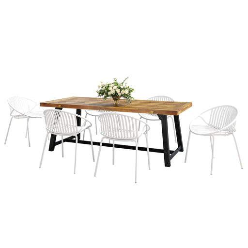 Modern Outdoor 7-Piece Dining Set with Stackable Chairs, White Finish, Acacia Wood and Metal Default -DTYStore