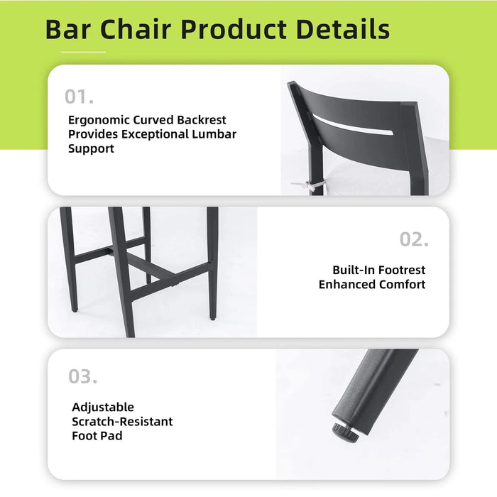 Modern Outdoor Bar Stools Set of 2, Aluminum Patio Chairs with Backrest and Footrest, Weather-Resistant, Ember Black, Sunbrella Cushions Default -DTYStore