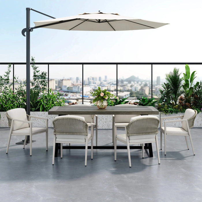 Modern Outdoor Dining Set - 7 Pieces with Acacia Wood Table and Iron Chairs in Grey and Black Default -DTYStore