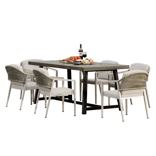 Modern Outdoor Dining Set - 7 Pieces with Acacia Wood Table and Iron Chairs in Grey and Black Default -DTYStore