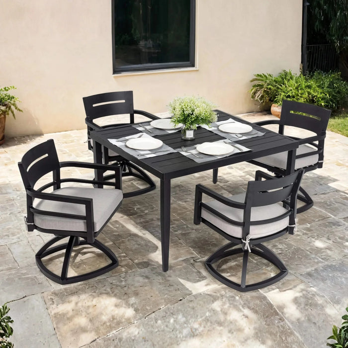 Modern Outdoor Patio Dining Set with 4 Swivel Rockers, Sunbrella Cushions, and 40' Square Table, Ember Black Aluminum Default -DTYStore