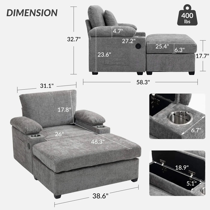 Modern Oversized Chair with Ottoman,Chenille Fabric Sofa Bed,Accent Chair Comfy Sofa with Cupholders and USB Charging Ports Chair for Living Room,Bedroom,Apartment Default -DTYStore