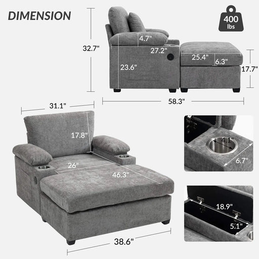 Modern Oversized Chenille Accent Chair with Ottoman Sofa Bed for Living Room-DTYStore