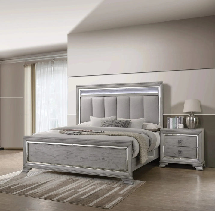 Modern Queen Size Panel Bed Nightstand 3pc Set Integrated Led Lighting Tufted Headboard Wood Grain Soft Gray Finish Wooden Solid Wood Furniture Default -DTYStore