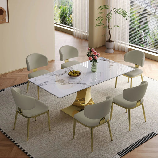 Modern Rectangular Dining Table for 6-8, Gold-Plated Hourglass Base, White Sintered Stone Top, 71' Default -DTYStore