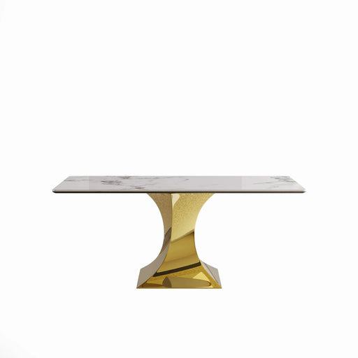 Modern Rectangular Dining Table for 6-8, Gold-Plated Hourglass Base, White Sintered Stone Top, 71' Default -DTYStore