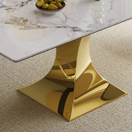 Modern Rectangular Dining Table for 6-8, Gold-Plated Hourglass Base, White Sintered Stone Top, 71' Default -DTYStore