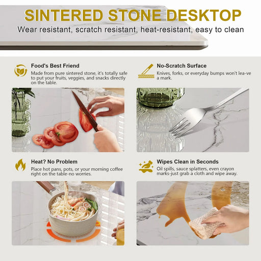 Modern Rectangular Dining Table for 6-8, Gold-Plated Hourglass Base, White Sintered Stone Top, 71' Default -DTYStore