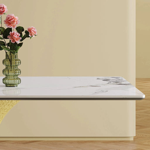 Modern Rectangular Dining Table for 6-8, Gold-Plated Hourglass Base, White Sintered Stone Top, 71' Default -DTYStore