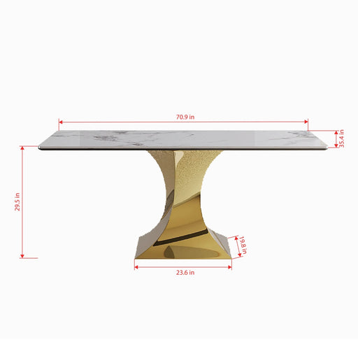 Modern Rectangular Dining Table for 6-8, Gold-Plated Hourglass Base, White Sintered Stone Top, 71' Default -DTYStore