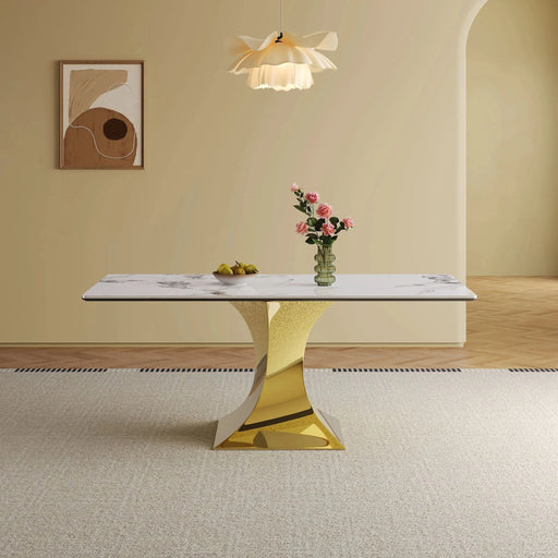 Modern Rectangular Dining Table for 6-8, Gold-Plated Hourglass Base, White Sintered Stone Top, 71' Default -DTYStore