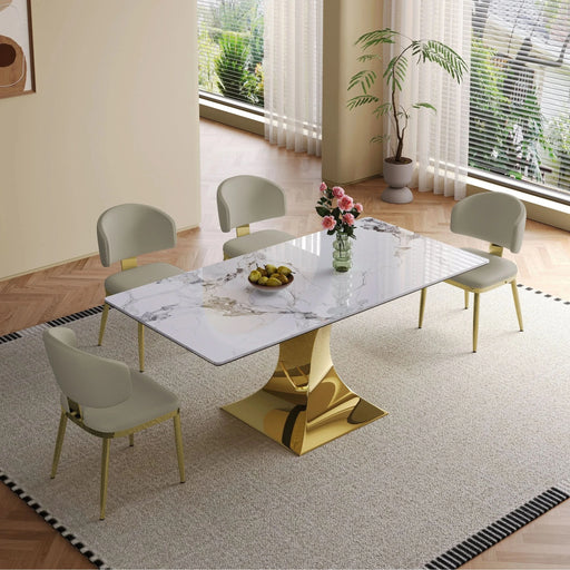Modern Rectangular Dining Table for 6-8, Gold-Plated Hourglass Base, White Sintered Stone Top, 71' Default -DTYStore