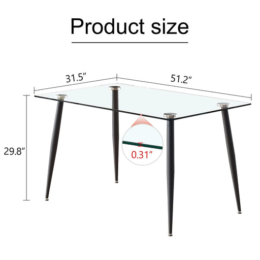 Modern Rectangular Glass Dining Table with Tempered Glass Top and Black Metal Legs for 4-6 People Default -DTYStore