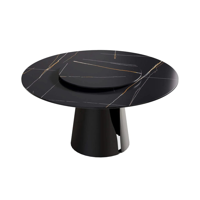 Modern Round Dining Table with Black Carbon Steel Base and Turntable, Sintered Stone, 59.05' Default -DTYStore