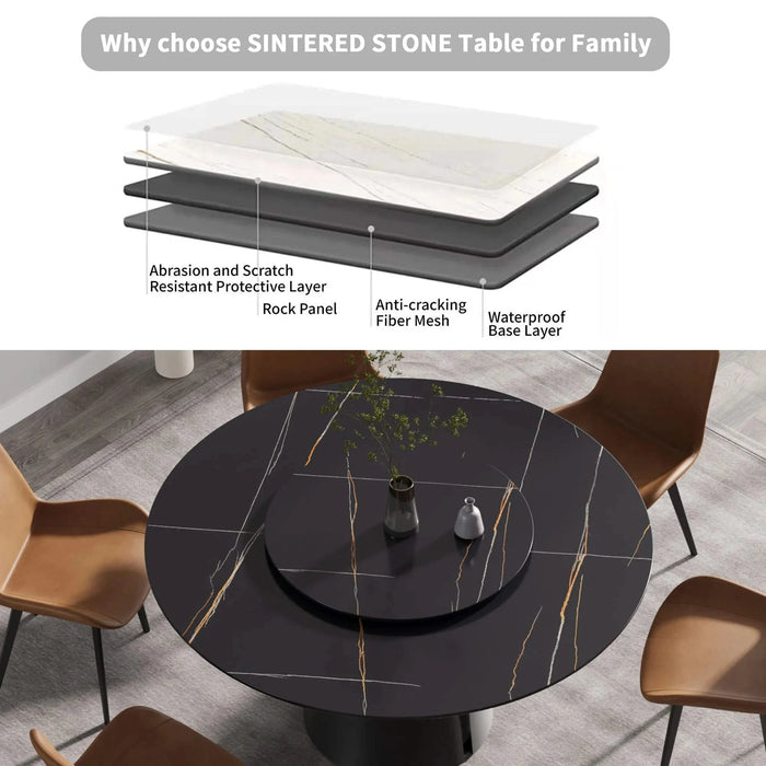 Modern Round Dining Table with Black Carbon Steel Base and Turntable, Sintered Stone, 59.05' Default -DTYStore
