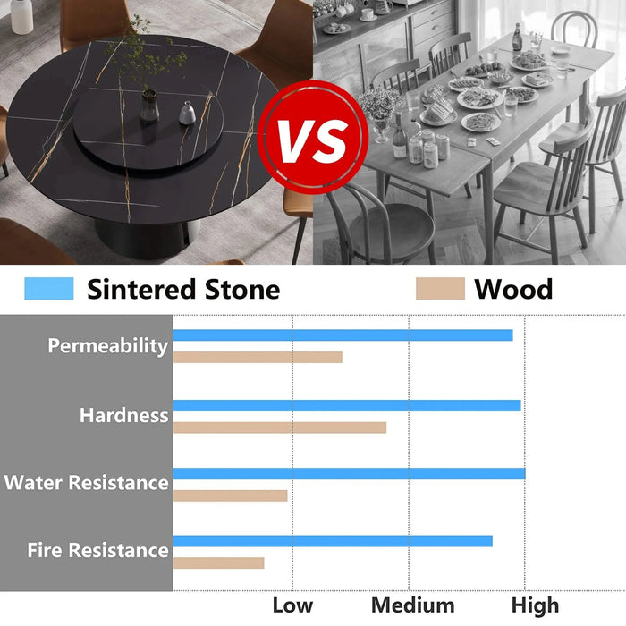 Modern Round Dining Table with Black Carbon Steel Base and Turntable, Sintered Stone, 59.05' Default -DTYStore