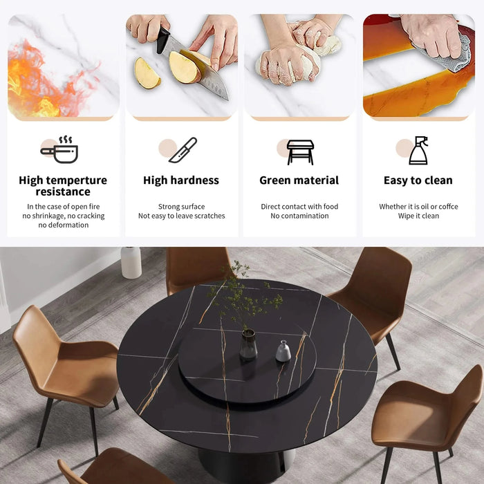 Modern Round Dining Table with Black Carbon Steel Base and Turntable, Sintered Stone, 59.05' Default -DTYStore