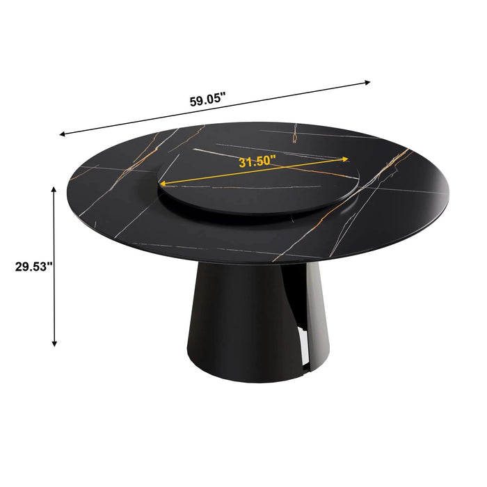 Modern Round Dining Table with Black Carbon Steel Base and Turntable, Sintered Stone, 59.05' Default -DTYStore