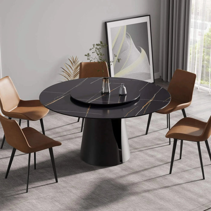 Modern Round Dining Table with Black Carbon Steel Base and Turntable, Sintered Stone, 59.05' Default -DTYStore
