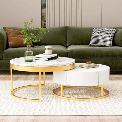 Modern Round Nesting Coffee Table with Drawers in White Default -DTYStore