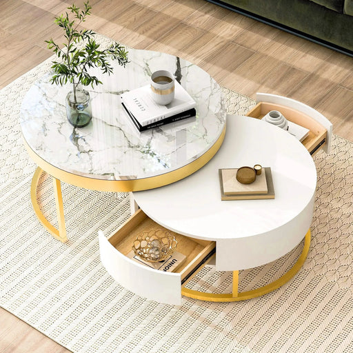 Modern Round Nesting Coffee Table with Drawers in White Default -DTYStore