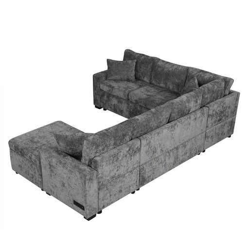 Modern Sectional Sofa Pull-out Sleeper with Storage Ottoman, USB Charging, Grey Tweed Chenille, 112.2' Default -DTYStore