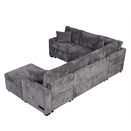 Modern Sectional Sofa Pull-out Sleeper with Storage Ottoman, USB Charging, Grey Tweed Chenille, 112.2' Default -DTYStore