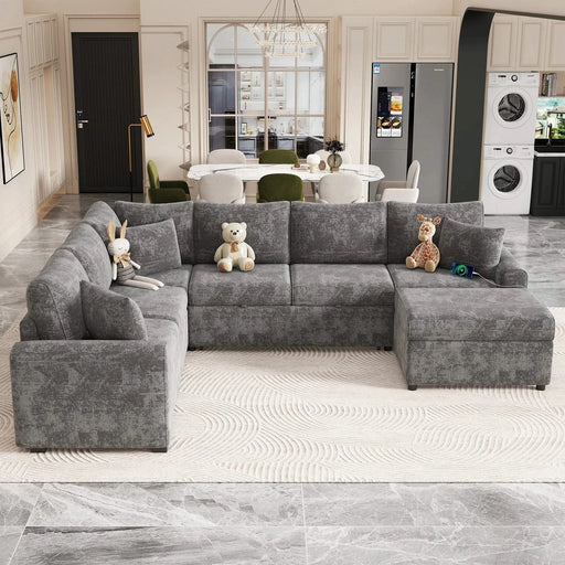 Modern Sectional Sofa Pull-out Sleeper with Storage Ottoman, USB Charging, Grey Tweed Chenille, 112.2' Default -DTYStore