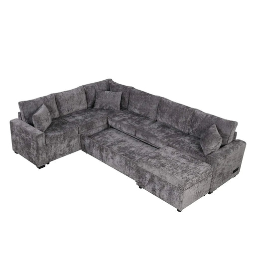 Modern Sectional Sofa Pull-out Sleeper with Storage Ottoman, USB Charging, Grey Tweed Chenille, 112.2' Default -DTYStore