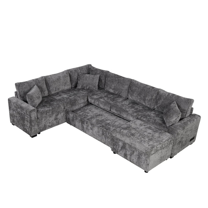 Modern Sectional Sofa Pull-out Sleeper with Storage Ottoman, USB Charging, Grey Tweed Chenille, 112.2' Default -DTYStore