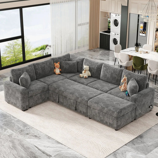 Modern Sectional Sofa Pull-out Sleeper with Storage Ottoman, USB Charging, Grey Tweed Chenille, 112.2' Default -DTYStore