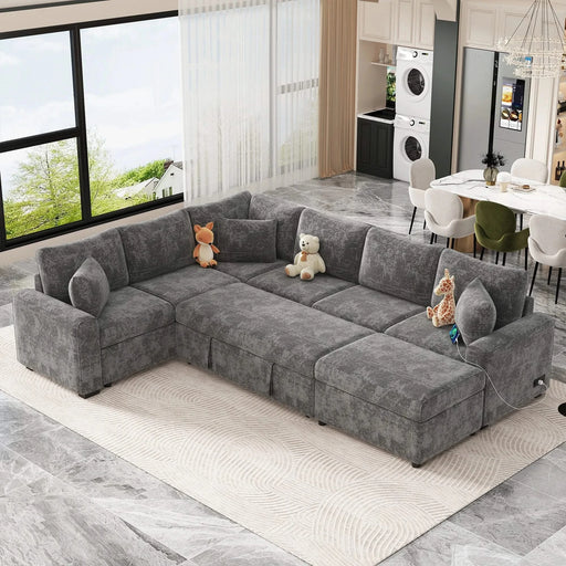 Modern Sectional Sofa Pull-out Sleeper with Storage Ottoman, USB Charging, Grey Tweed Chenille, 112.2' Default -DTYStore