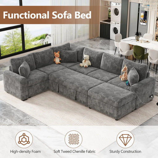 Modern Sectional Sofa Pull-out Sleeper with Storage Ottoman, USB Charging, Grey Tweed Chenille, 112.2' Default -DTYStore