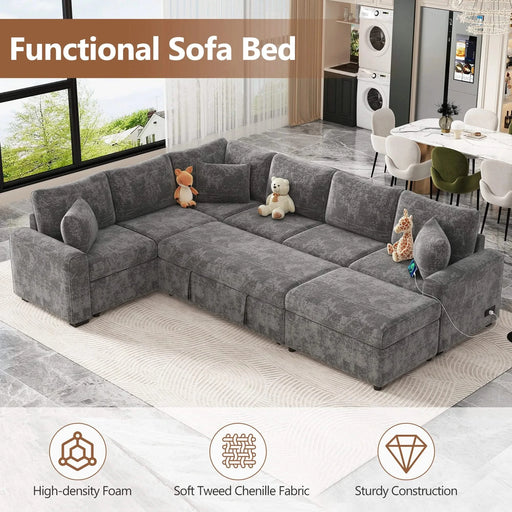 Modern Sectional Sofa Pull-out Sleeper with Storage Ottoman, USB Charging, Grey Tweed Chenille, 112.2' Default -DTYStore