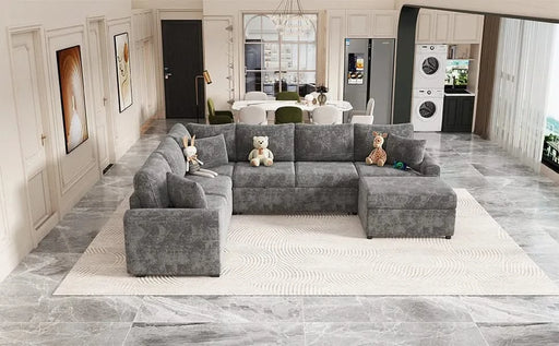 Modern Sectional Sofa Pull-out Sleeper with Storage Ottoman, USB Charging, Grey Tweed Chenille, 112.2' Default -DTYStore