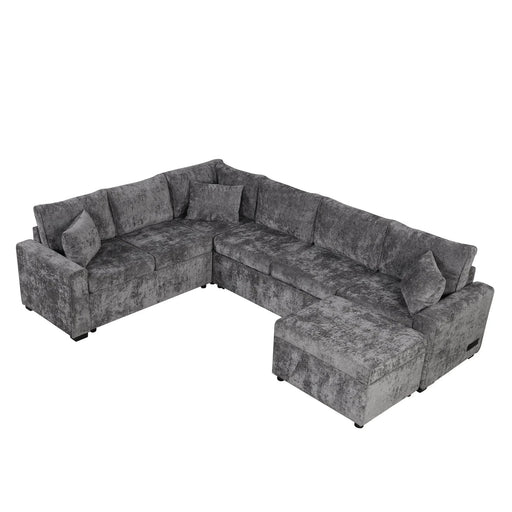 Modern Sectional Sofa Pull-out Sleeper with Storage Ottoman, USB Charging, Grey Tweed Chenille, 112.2' Default -DTYStore