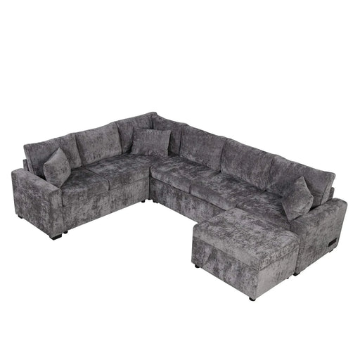 Modern Sectional Sofa Pull-out Sleeper with Storage Ottoman, USB Charging, Grey Tweed Chenille, 112.2' Default -DTYStore