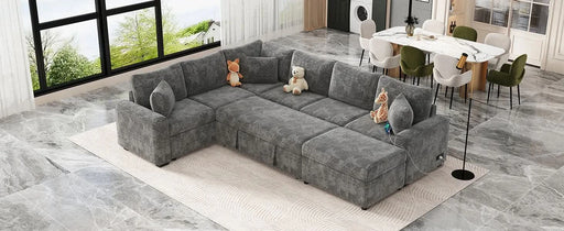 Modern Sectional Sofa Pull-out Sleeper with Storage Ottoman, USB Charging, Grey Tweed Chenille, 112.2' Default -DTYStore