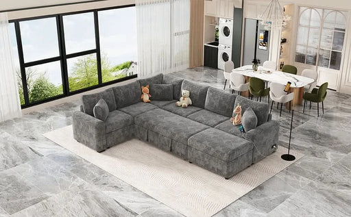 Modern Sectional Sofa Pull-out Sleeper with Storage Ottoman, USB Charging, Grey Tweed Chenille, 112.2' Default -DTYStore